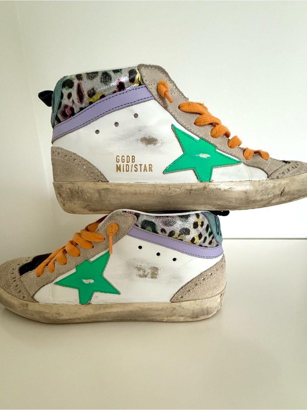 Golden Goose Women’s White Sneakers with Green Star and Orange Laces